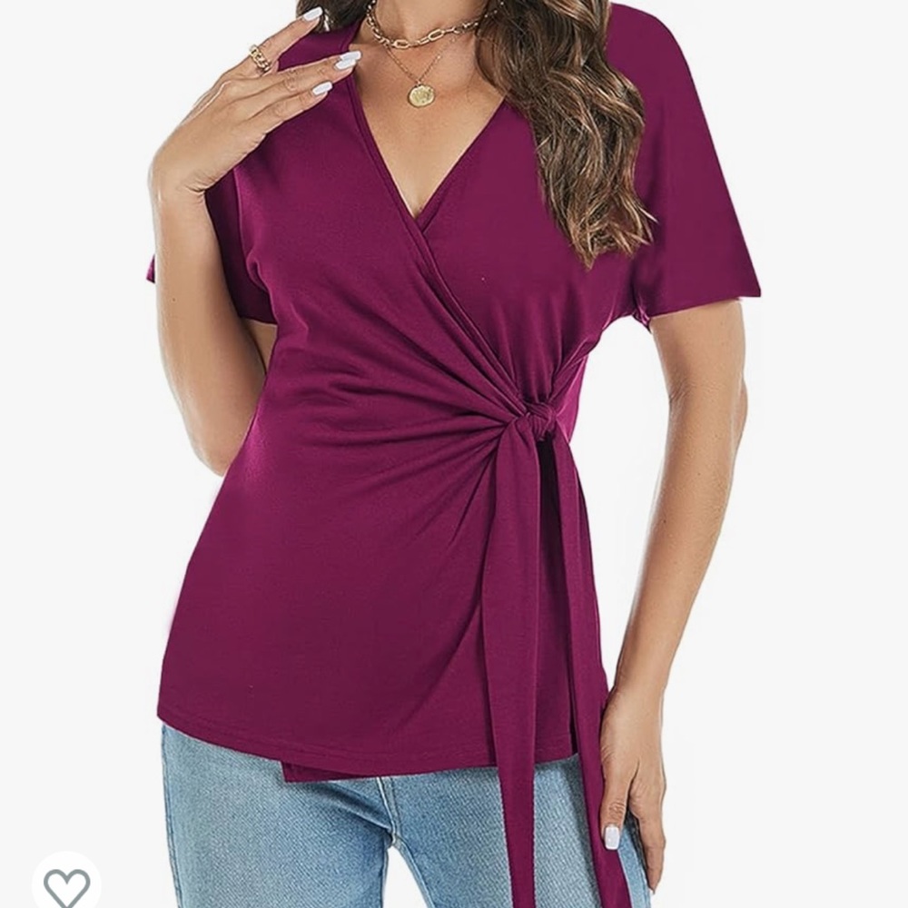 LEIYEE Womens V Neck Short Sleeve Wrap Front Twist Tie Knot Blouse New Size XL